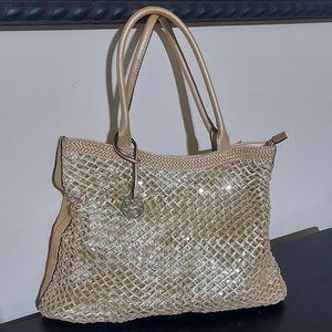 Gold Sequined Faux Caviar Leather Shoulder Bag